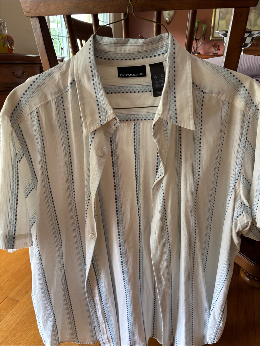 Dkny Men's Cream and Blue Striped Short-Sleeve Button-Up Shirt